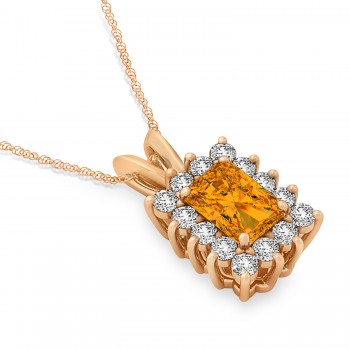 Emerald Shape Citrine & Diamond Pendant Necklace 14k Rose Gold (2.75ct)