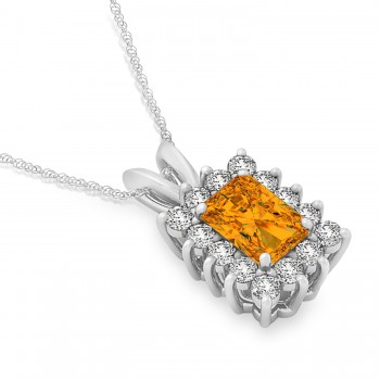 Emerald Shape Citrine & Diamond Pendant Necklace 14k White Gold (2.75ct)