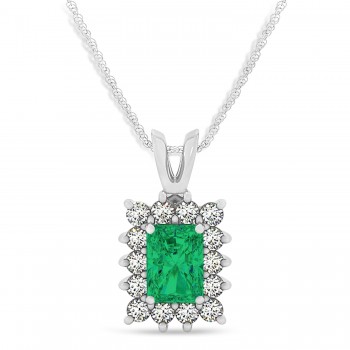 Emerald Shape Emerald & Diamond Pendant Necklace 14k White Gold (2.81ct)