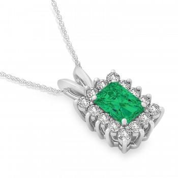 Emerald Shape Emerald & Diamond Pendant Necklace 14k White Gold (2.81ct)