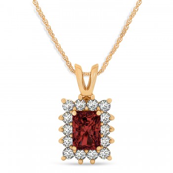 Emerald Shape Garnet & Diamond Pendant Necklace 14k Rose Gold (3.00ct)