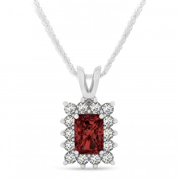 Emerald Shape Garnet & Diamond Pendant Necklace 14k White Gold (3.00ct)