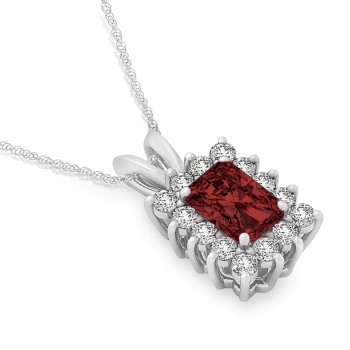 Emerald Shape Garnet & Diamond Pendant Necklace 14k White Gold (3.00ct)