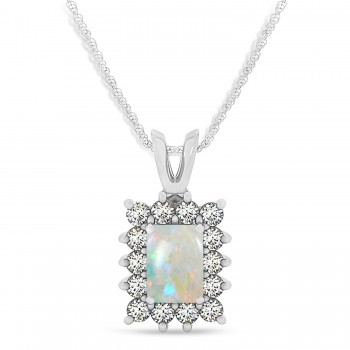 Emerald Shape Opal & Diamond Pendant Necklace 14k White Gold (3.00ct)