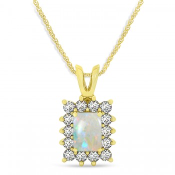 Emerald Shape Opal & Diamond Pendant Necklace 14k Yellow Gold (3.00ct)