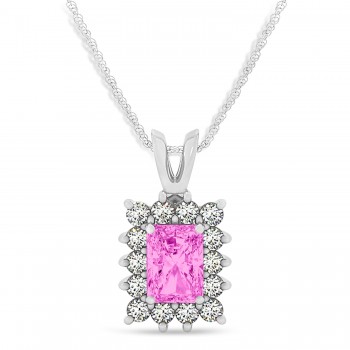 Emerald Shape Pink Sapphire & Diamond Pendant Necklace 14k White Gold (2.80ct)