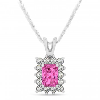 Emerald Shape Pink Topaz & Diamond Pendant Necklace 14k White Gold (3.90ct)