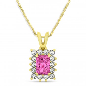 Emerald Shape Pink Topaz & Diamond Pendant Necklace 14k Yellow Gold (3.90ct)