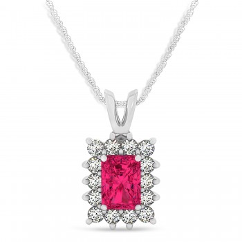 Emerald Shape Ruby & Diamond Pendant Necklace 14k White Gold (2.80ct)