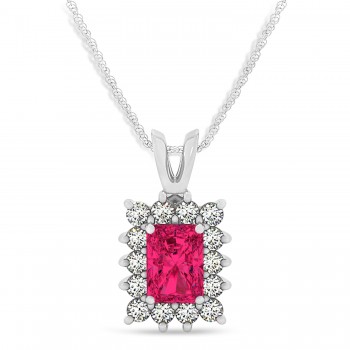 Emerald Shape Ruby & Diamond Pendant Necklace 14k White Gold (2.80ct)