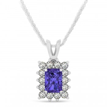 Emerald Shape Tanzanite & Diamond Pendant Necklace 14k White Gold (3.00ct)