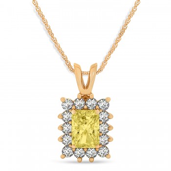 Emerald Shape Yellow Diamond & Diamond Pendant Necklace 14k Rose Gold (3.00ct)