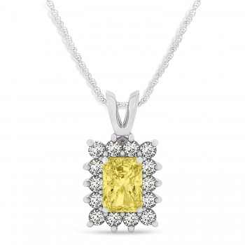 Emerald Shape Yellow Diamond & Diamond Pendant Necklace 14k White Gold (3.00ct)