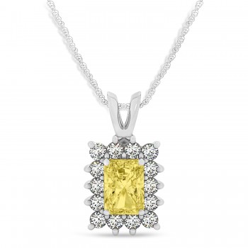 Emerald Shape Yellow Diamond & Diamond Pendant Necklace 14k White Gold (3.00ct)