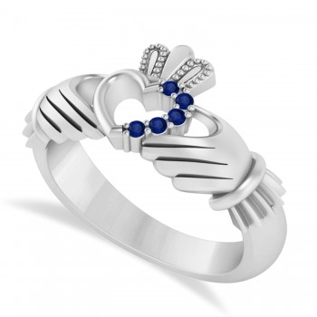 Blue Sapphire Claddagh Ladies Ring with Hollow Heart 14k White Gold (0.05ct)