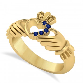 Blue Sapphire Claddagh Ladies Ring with Hollow Heart 14k Yellow Gold (0.05ct)