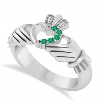 Emerald Claddagh Ladies Ring with Hollow Heart 14k White Gold (0.05ct)