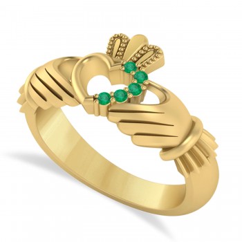 Emerald Claddagh Ladies Ring with Hollow Heart 14k Yellow Gold (0.05ct)