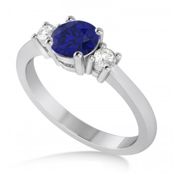 Round Blue Sapphire & Diamond Three-Stone Engagement Ring 14k White Gold (0.89ct)
