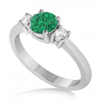 Round Emerald & Diamond Three-Stone Engagement Ring 14k White Gold (0.89ct)
