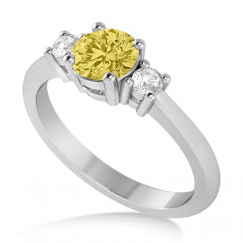 Round Yellow & White Diamond Three-Stone Engagement Ring 14k White Gold (0.89ct)