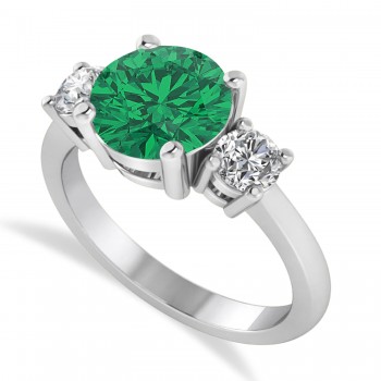 Round 3-Stone Emerald & Diamond Engagement Ring 14k White Gold (2.50ct)