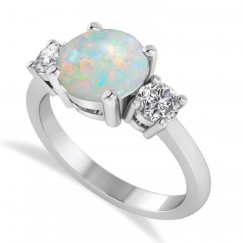 Round 3-Stone Opal & Diamond Engagement Ring 14k White Gold (2.50ct)
