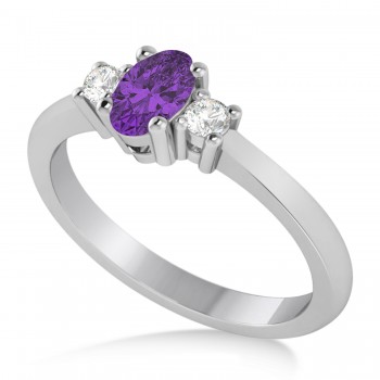 Small Oval Amethyst & Diamond Three-Stone Engagement Ring 14k White Gold (0.60ct)