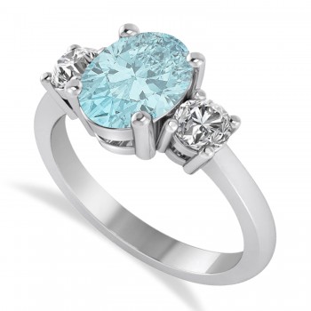 Oval & Round 3-Stone Aquamarine & Diamond Engagement Ring 14k White Gold (3.00ct)