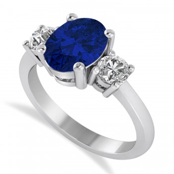 Oval & Round 3-Stone Blue Sapphire & Diamond Engagement Ring 14k White Gold (3.00ct)