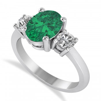 Oval & Round 3-Stone Emerald & Diamond Engagement Ring 14k White Gold (3.00ct)