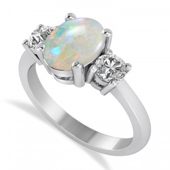 Oval & Round 3-Stone Opal & Diamond Engagement Ring 14k White Gold (3.00ct)