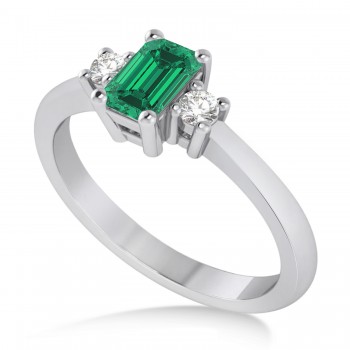 Emerald-Cut Emerald & Diamond Three-Stone Engagement Ring 14k White Gold (0.60ct)