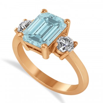 Emerald & Round 3-Stone Aquamarine & Diamond Engagement Ring 14k Rose Gold (3.00ct)