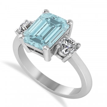 Emerald & Round 3-Stone Aquamarine & Diamond Engagement Ring 14k White Gold (3.00ct)