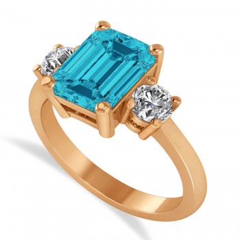 Emerald & Round 3-Stone Blue & White Diamond Engagement Ring 14k Rose Gold (3.00ct)