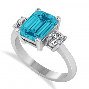 Emerald & Round 3-Stone Blue & White Diamond Engagement Ring 14k White Gold (3.00ct)