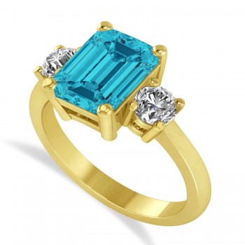 Emerald & Round 3-Stone Blue & White Diamond Engagement Ring 14k Yellow Gold (3.00ct)