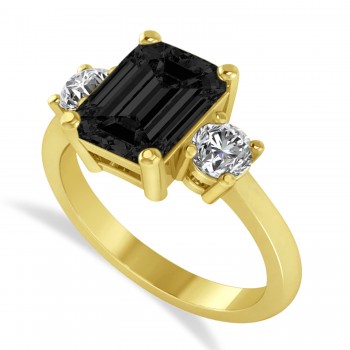 Emerald & Round 3-Stone Black & White Diamond Engagement Ring 14k Yellow Gold (3.00ct)