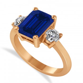 Emerald & Round 3-Stone Blue Sapphire & Diamond Engagement Ring 14k Rose Gold (3.00ct)