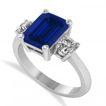Emerald & Round 3-Stone Blue Sapphire & Diamond Engagement Ring 14k White Gold (3.00ct)
