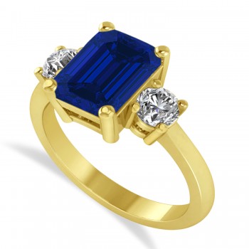 Emerald & Round 3-Stone Blue Sapphire & Diamond Engagement Ring 14k Yellow Gold (3.00ct)