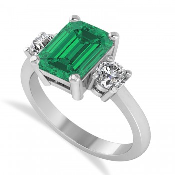 Emerald & Round 3-Stone Emerald & Diamond Engagement Ring 14k White Gold (3.00ct)