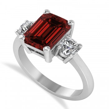 Emerald & Round 3-Stone Garnet & Diamond Engagement Ring 14k White Gold (3.00ct)