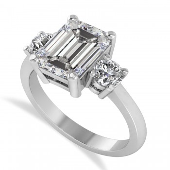 Emerald & Round 3-Stonee Moissanite & Diamond Engagement Ring 14k White Gold (3.00ct)