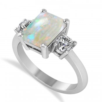 Emerald & Round 3-Stone Opal & Diamond Engagement Ring 14k White Gold (3.00ct)