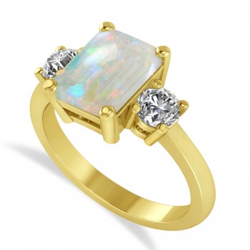 Emerald & Round 3-Stone Opal & Diamond Engagement Ring 14k Yellow Gold (3.00ct)