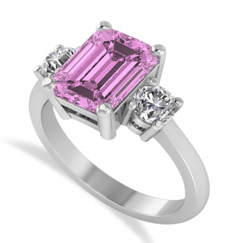 Emerald & Round 3-Stone Pink Sapphire & Diamond Engagement Ring 14k White Gold (3.00ct)