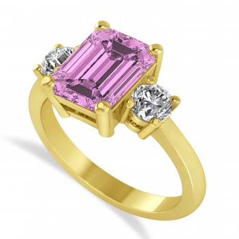 Emerald & Round 3-Stone Pink Sapphire & Diamond Engagement Ring 14k Yellow Gold (3.00ct)
