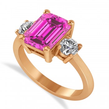 Emerald & Round 3-Stone Pink Topaz & Diamond Engagement Ring 14k Rose Gold (3.00ct)